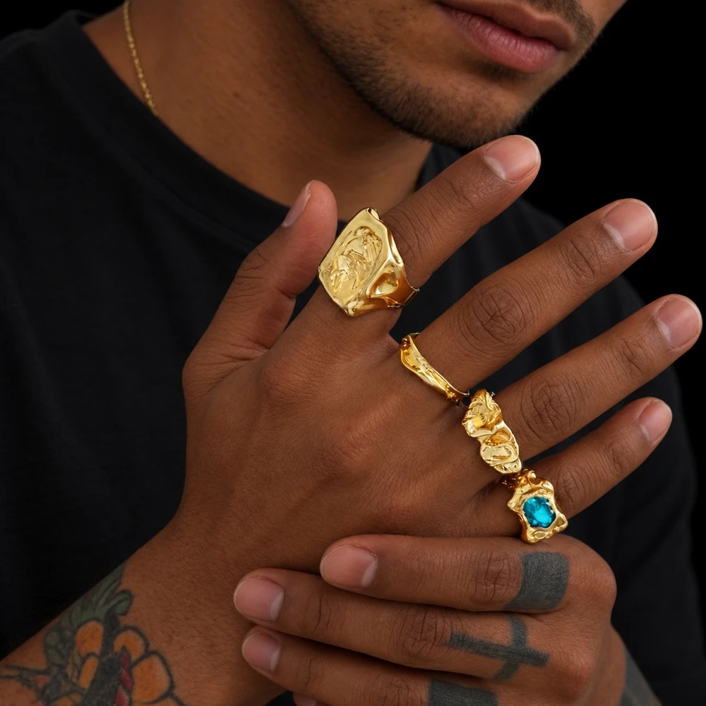 Organic Sculptural Ring For Men Gold Color Relief Or Blue Accent Face Irregular Textured Ring Set Jewelry Bold Artistic Style
