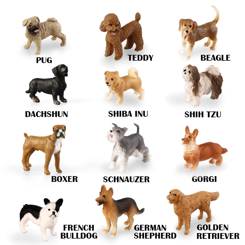 Simulação Farm Dogs Pet Figurines, Pug Teddy Beagle Dachshun Modelo, Figuras de Ação, Decoração de Casa Bonito, Kids Toy Presentes, 12Pcs