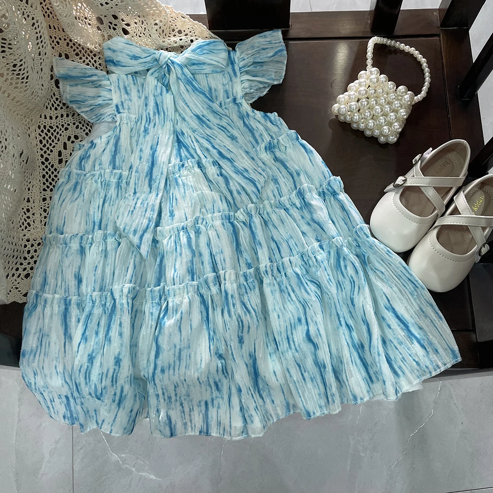 Blaues Prinzessinnenkleid im Urlaubsstil mit Flügelärmeln und Schleife für Mädchen von 2-7 Jahren im Sommer