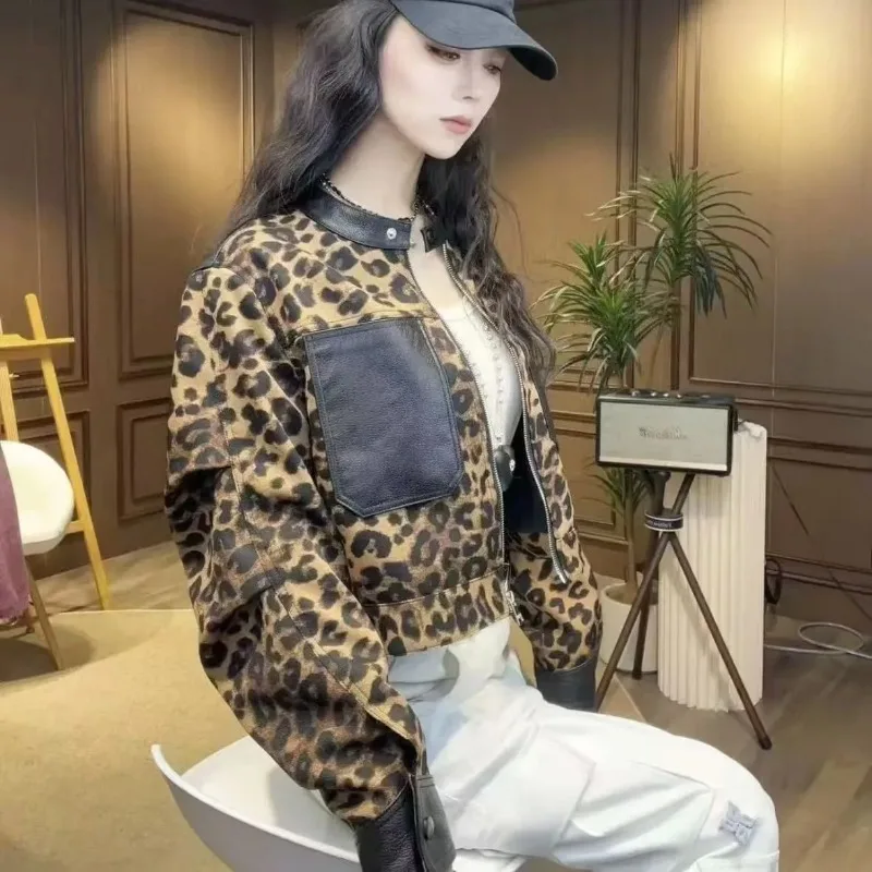 Vintage PU Leather Patchwork Jacket Leopard Print Bomber Jacket Women Zip Short Coat Spring Autumn Pocket Tops Outerwear Trend