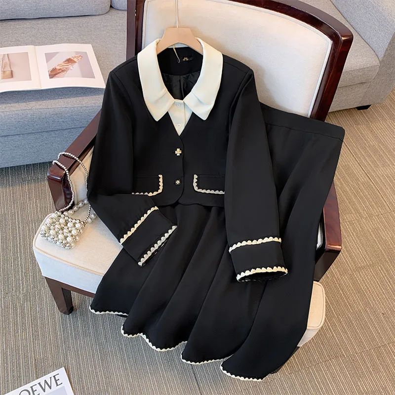 150Kg Plus Size Women\'s Bust 150 Autumn New Small Fragrant Top Coat And Skirt Two Pieces Set Black 4XL 5XL 6XL 7XL 8XL 9XL