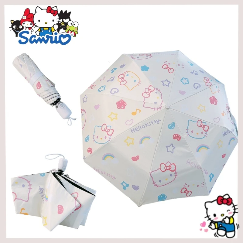 MINISO New Sanrio Trifold Sunscreen Black Gel Automatic Umbrella Cartoon HelloKitty Dual-Use Parasol Girl Holiday Gift