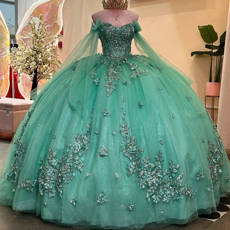 

Mint Green Shiny Quinceanera Dresses Princess Sweet 16 Years Girl Birthday Party Beads Lace Appliques Tull Vestidos 15 De Anos