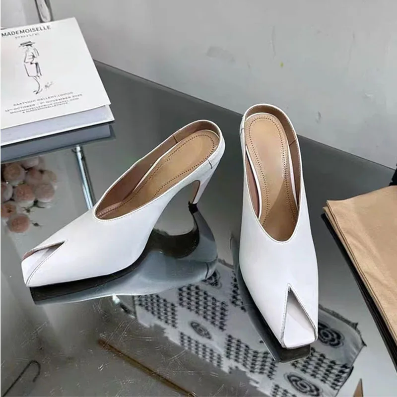 

Thin Heel White Slippers New European and American Style Super High Heel Sexy One Word Slippers Large Size Slippers for Women