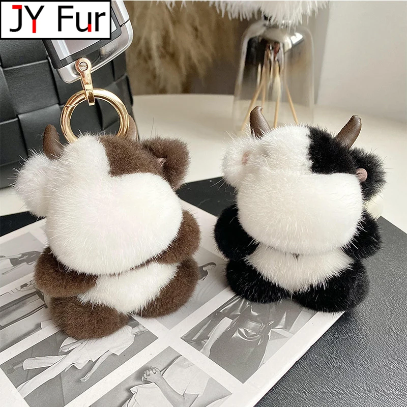 

Cute Cow Real Mink Fur Keychain Bag Charm Pendant Kids Plush Toy Ornament Car Keyring Trinkets Jewelry High End Birthday Gifts