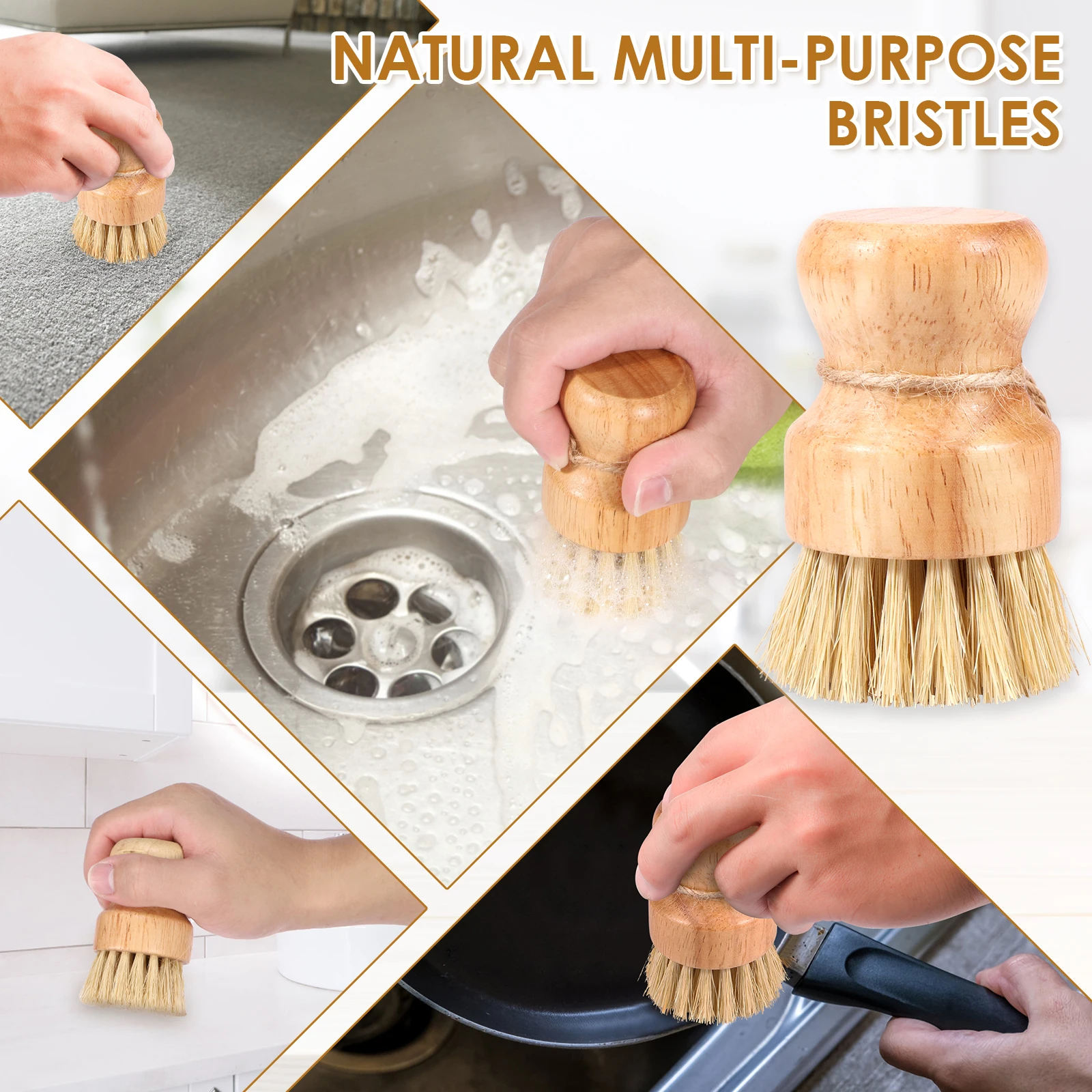 3 Packs Wooden Dish Brush Natural Dish Scrub Brush Kitchen Scrub Brush with Handle and Hanging Rope Wood Dish Scrubber Sisal