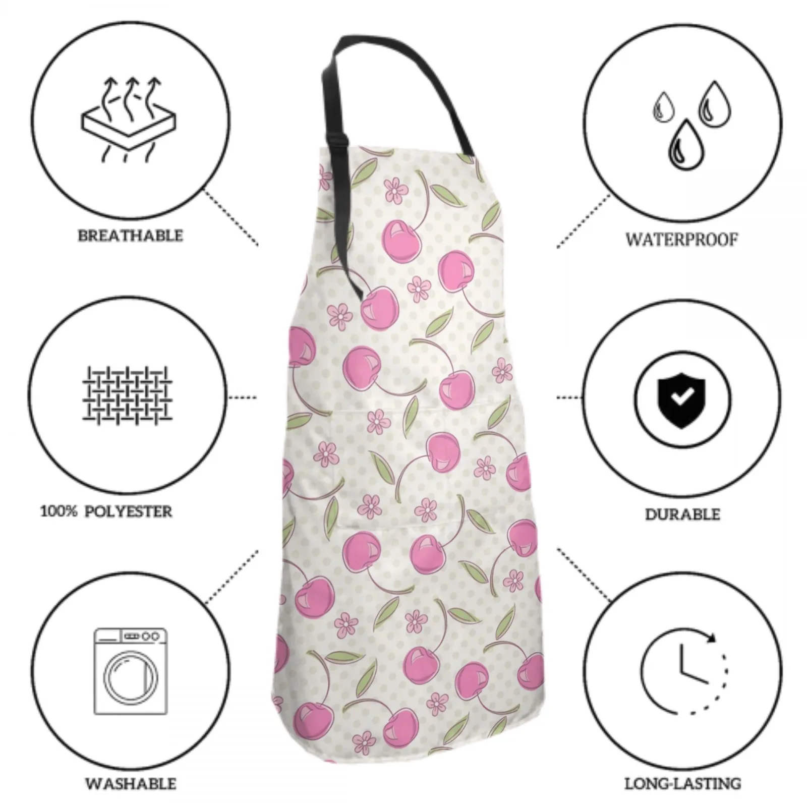 Colorful Cherry Waterproof Apron with 2 Pockets Kitchen Chef Apron  Apron for Hair Brushing Cooking Baking Painting Gardening