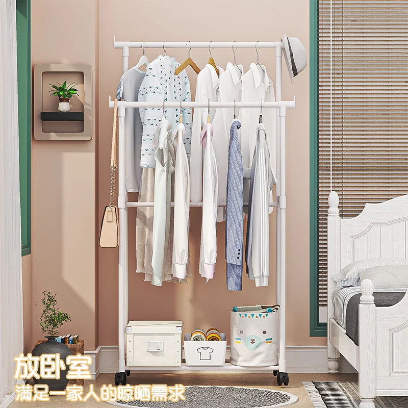 Coat Rack Movable Double Clothes Shelf Simple Rod Clothes Floor-Standing Bedroom Telescopic Floor Hangers Storage Coat Rack