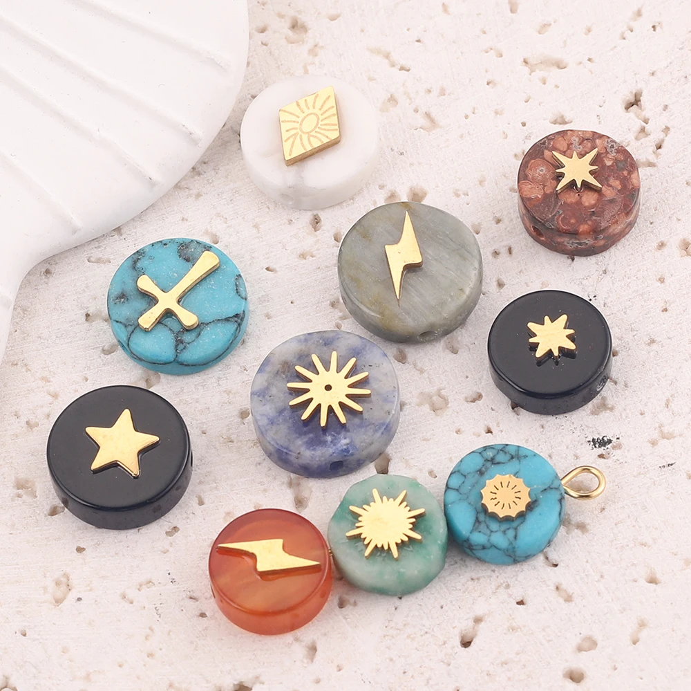 

5pcs Natural Stone Turquoise Stainless Steel Beads Round Cross Star bead 10mm 12mm for Necklace Making Earrings DIY Bracelet