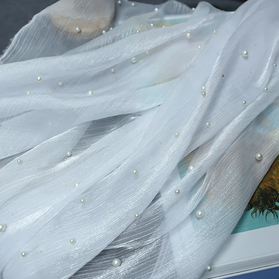 Tessuto di Tulle di perle di alta qualità di larghezza 150cm al metro per gonne di abiti da sposa Hanfu cucito tessuto di stoffa di filato di fiori