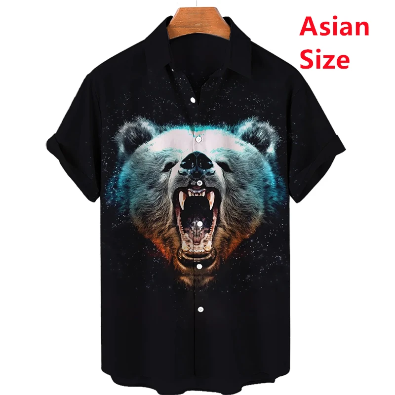 

Summer Hawaiian Shirt New Men's Short-sleeved Tops 3d Print Oversized Hip Hop Blouse Street Bear Graphic Casual Vintage Men Tees