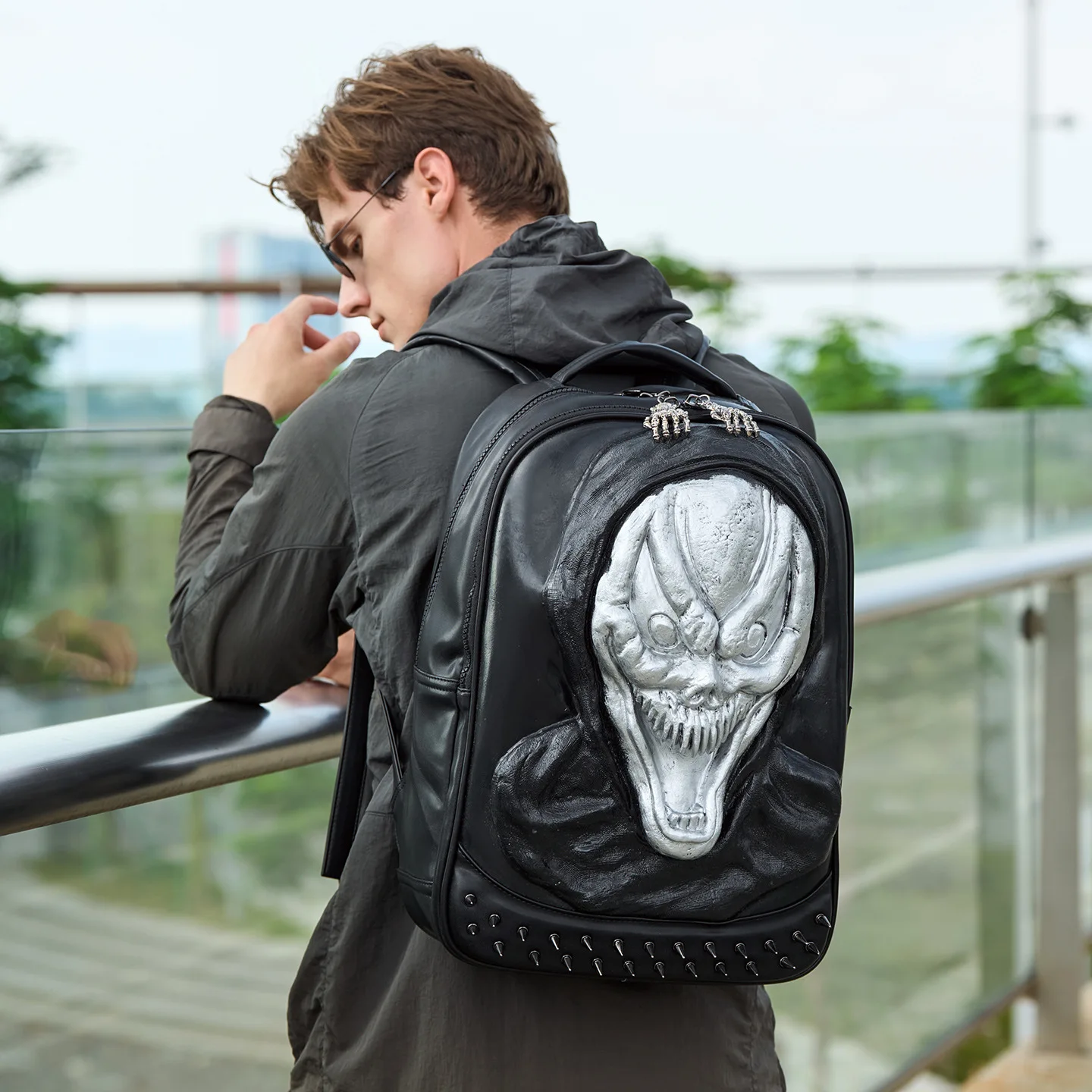 Punk Style Metal Rivet 3D Skull Head Motorcycle Knight Dual Shoulder Bag Street Cool Trendy Backpack Waterproof Polyester 