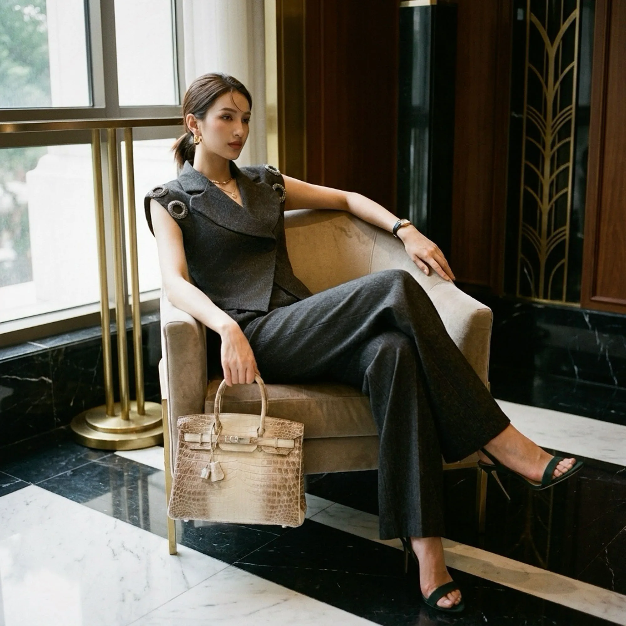 Elegant Blazer Vest Suit Set 2026 Autumn Metal Ring Buckle Vest Top+ High Waist Wide Leg Pants Office Lady 2 Piece Outfits DM3CS