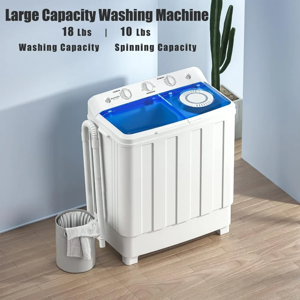 Washing Machine, Twin Tub Mini Compact Laundry Machine with Drain Pump, Semi-automatic 10lbs Spinner Combo, Washing Machine