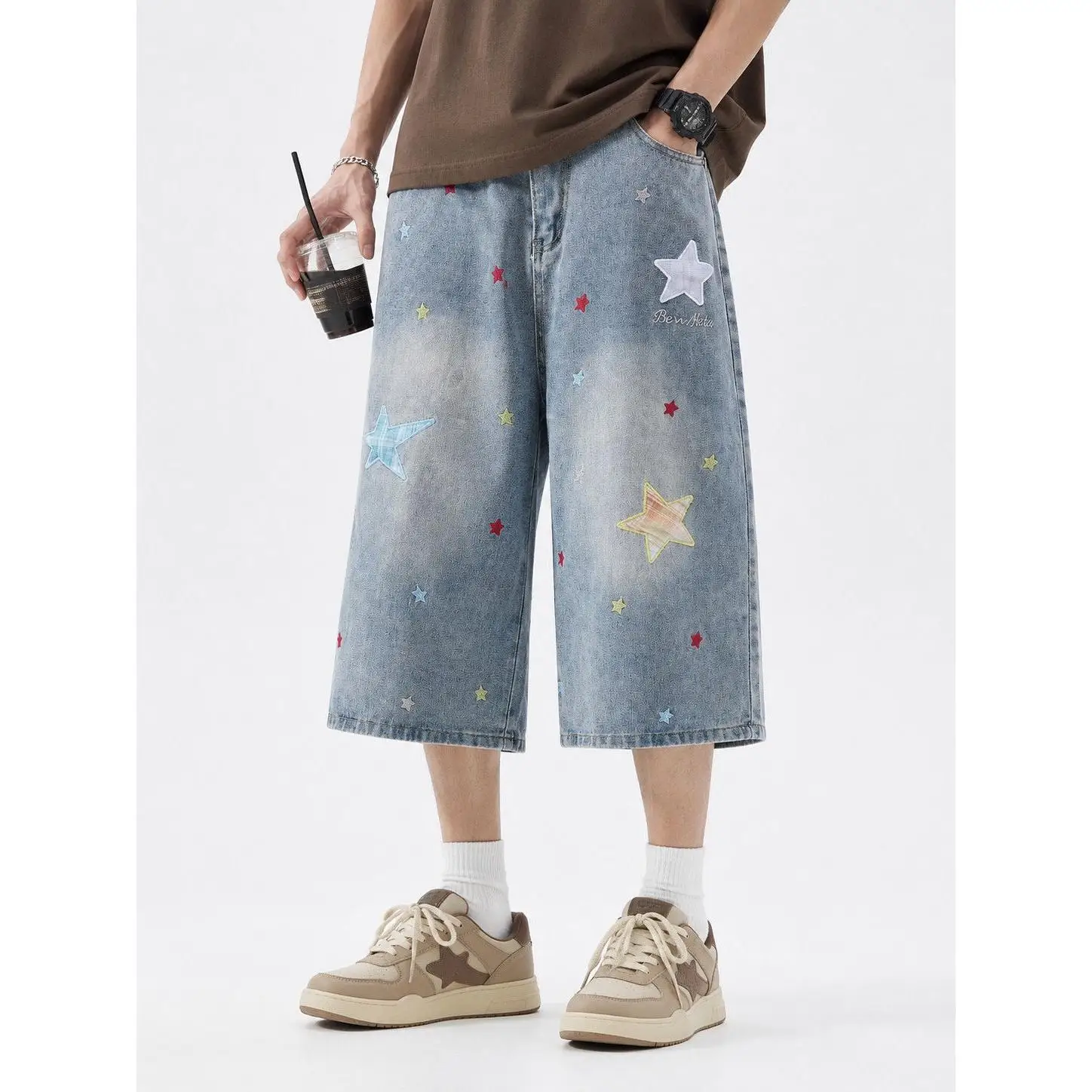Calças Jeans Estampadas com Estrelas Estilo Americano, Soltas, de Perna Reta, Casuais, para Homens e Mulheres, Calças Largas ...