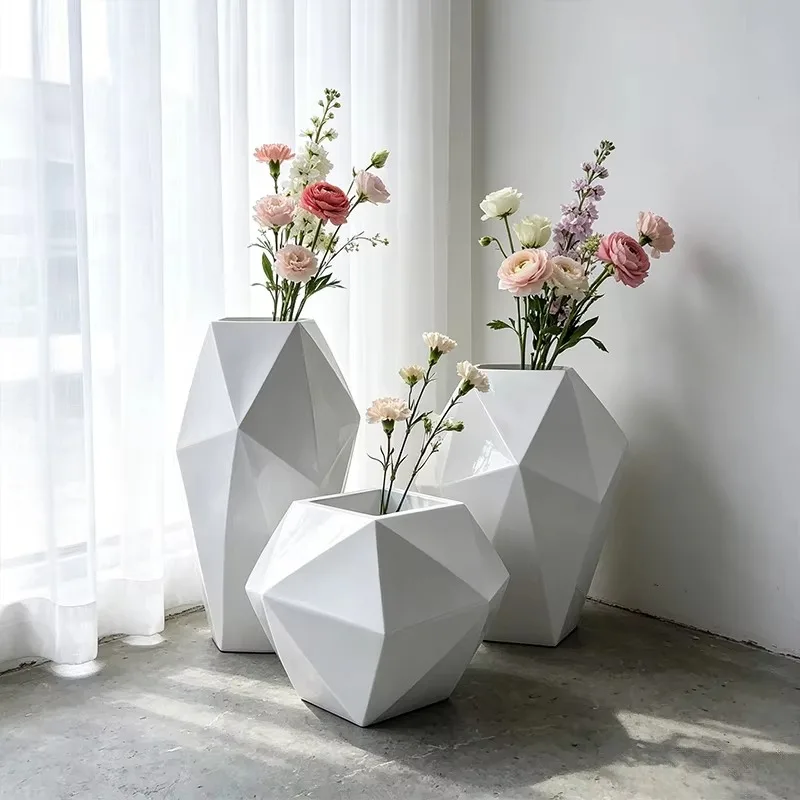 Faceted Geometric Floor Planter Set Modern Outdoor Indoor Garden & Wedding Decorative Vase Gloss Smooth Polished Surface Finis