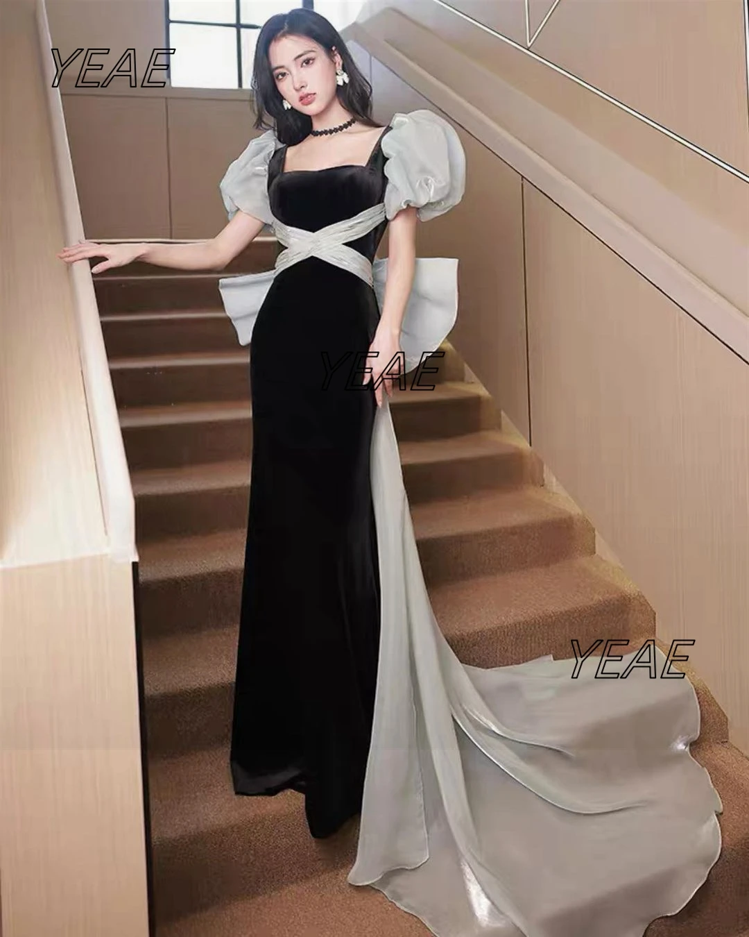 Santorini Black Velour Sheath Dresses for Evening Party Short Puffy Sleeves Prom Dress Big Bow Long Train Formal Occasion Gowns