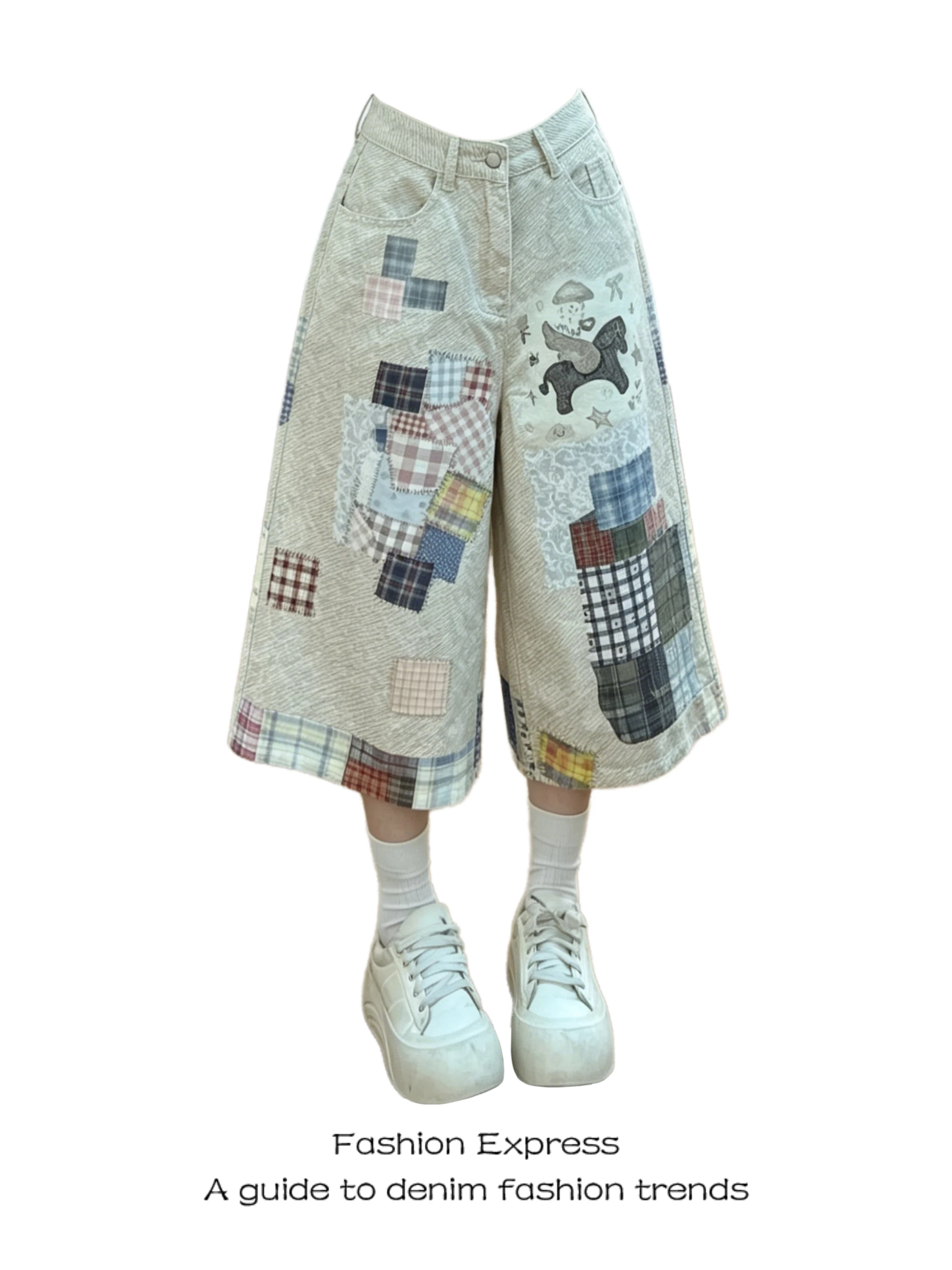 

Summer 2026 New American Style Loose Wide Leg Jeans Women's High Waist Patchwork Pattern Shorts Casual Versatile Seven-Foot S...