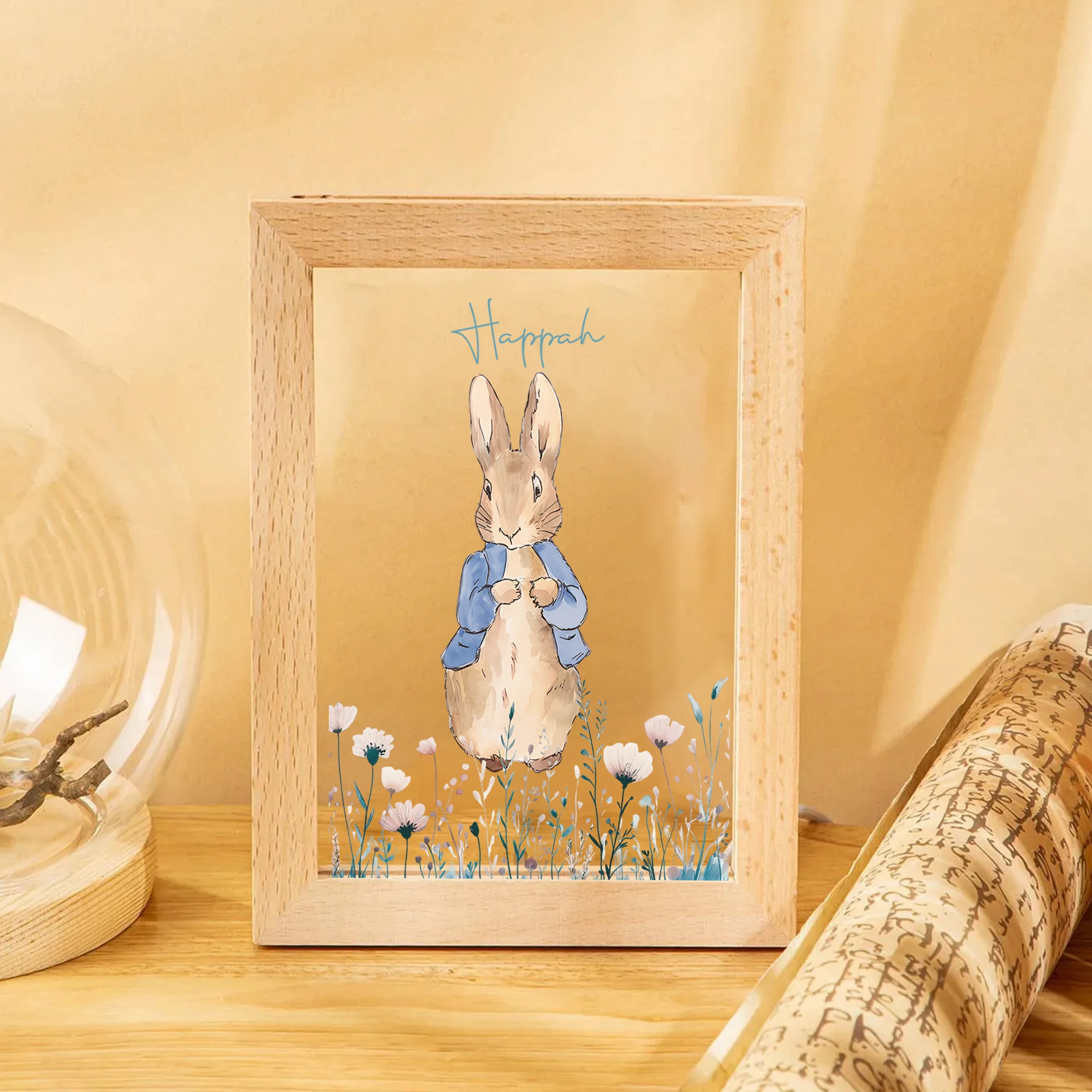 2d plana nome personalizado dos desenhos animados peter coelho led acrílico luz da noite moldura de madeira 21x17cm crianças quarto presentes decoração casa
