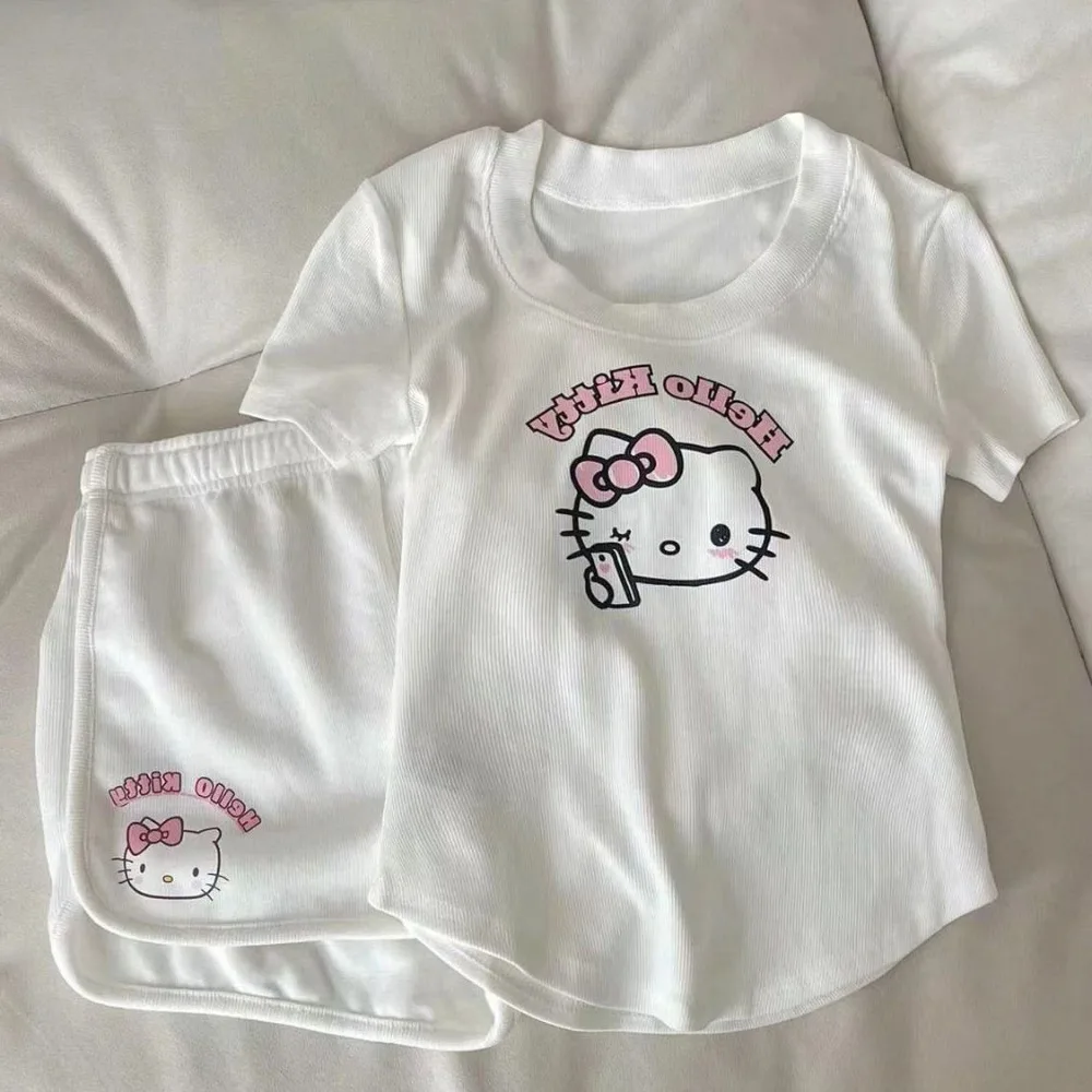 

Kawaii Cute Sanrio HelloKitty Cartoon Sweet Cute Printing Short Sleeve Shorts Two-piece Loungewear Schoolgirl Festivals Gift