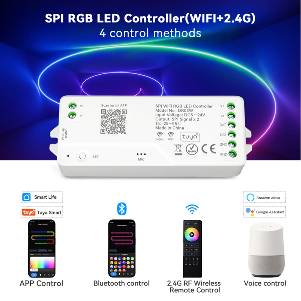 Tuya Wifi SPI RGB Controller DR03W For WS2812B WS2811 Addressable LED Strip Light Alexa Google Assistant Yandex Voice Control