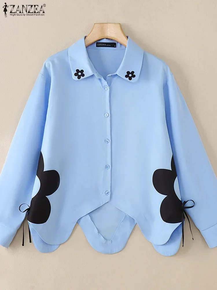 

ZANZEA, повседневная свободная модная блузка с лацканами, женские рубашки с цветочным принтом, винтажные топы с открытым верхом, большие туники с длинными рукавами