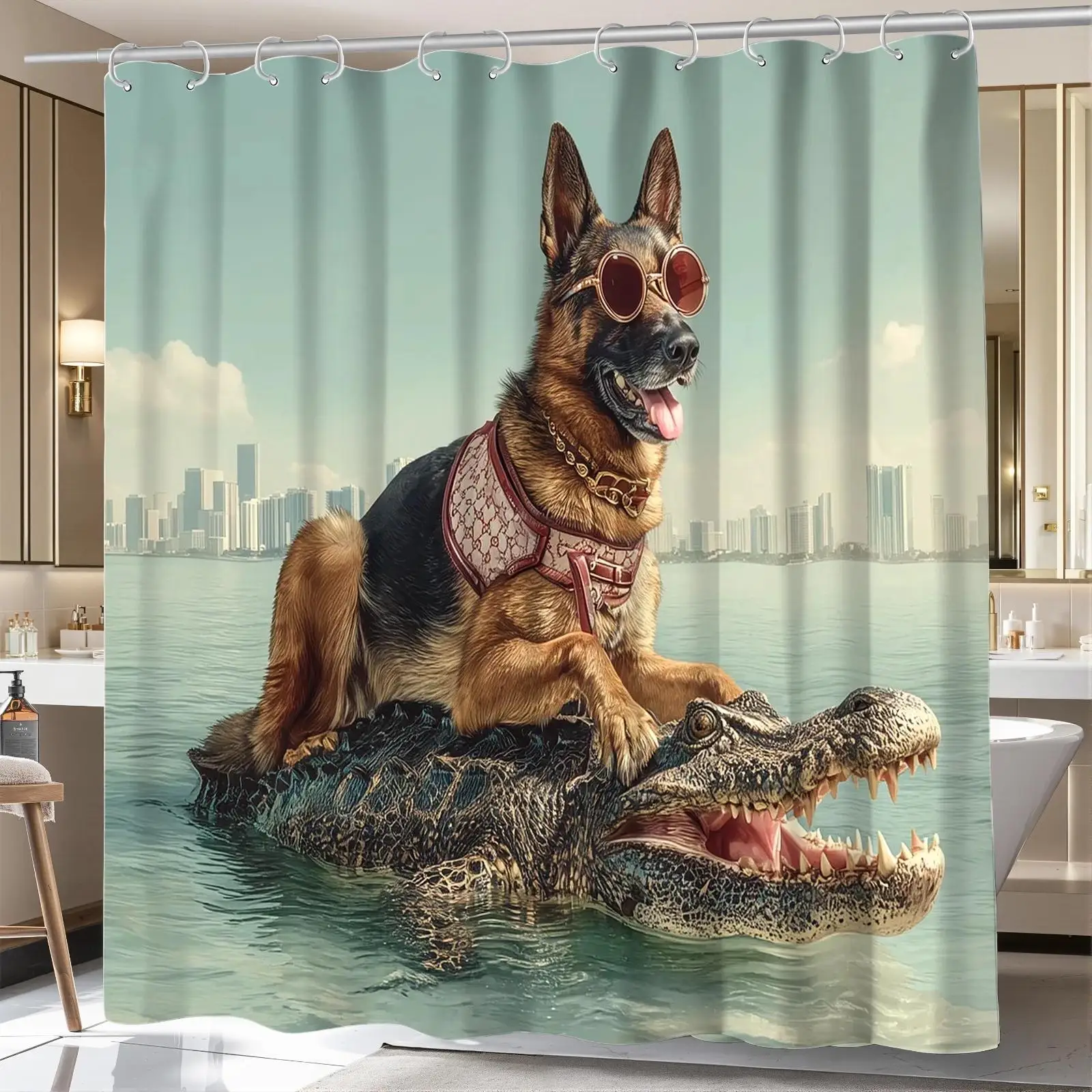Funny Dog and Crocodile Duo Beach Scene Shower Curtain Waterproof Bathroom Decor Novelty Art Print