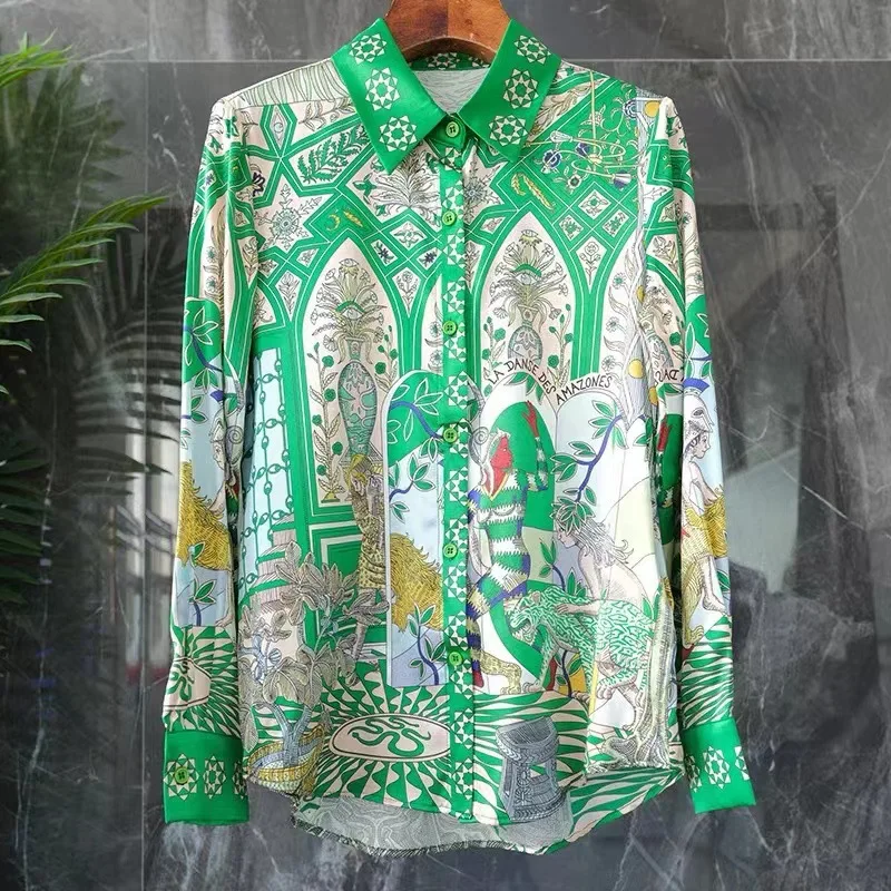 

Винтажные женские блузки с принтом, повседневные рубашки, модная свободная летняя корейская одежда, атласные женские топы с длинными рукавами