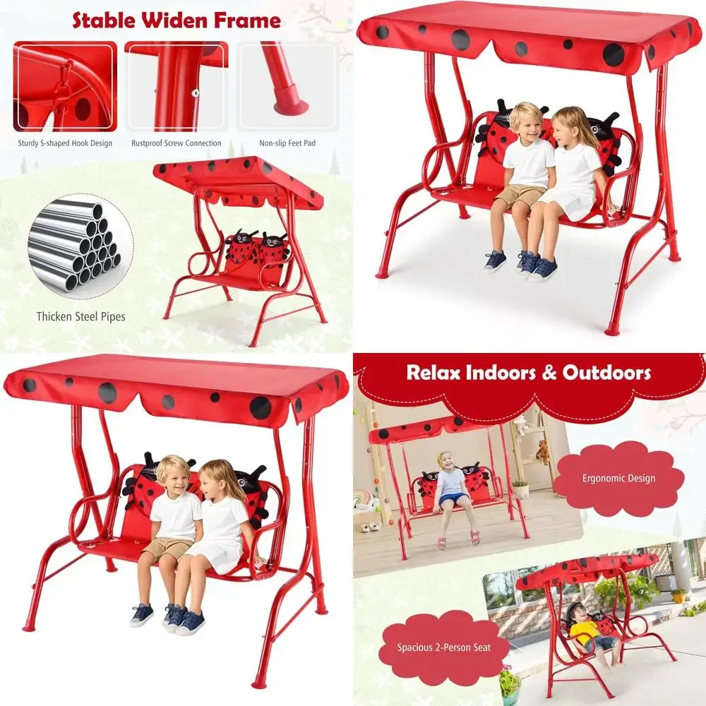 

Двухместные уличные качели-диван с регулируемыми ремнями безопасности, металлическим каркасом, дизайн «Красная божья коровка» для патио, газона, сада