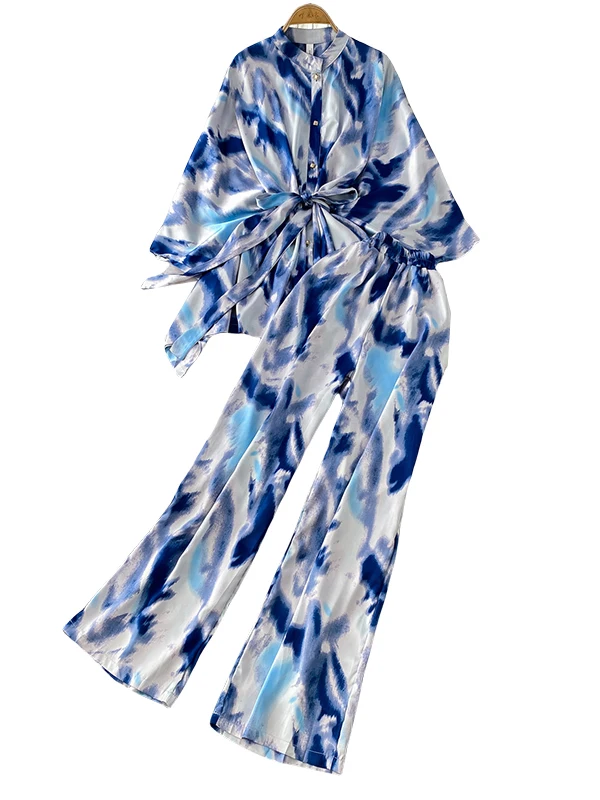 レトロなタイダイ柄ベルスリーブ日焼け止めIRTウエストシェイプハイウエストスリムワイドレッグパンツツーピースセット女性用...