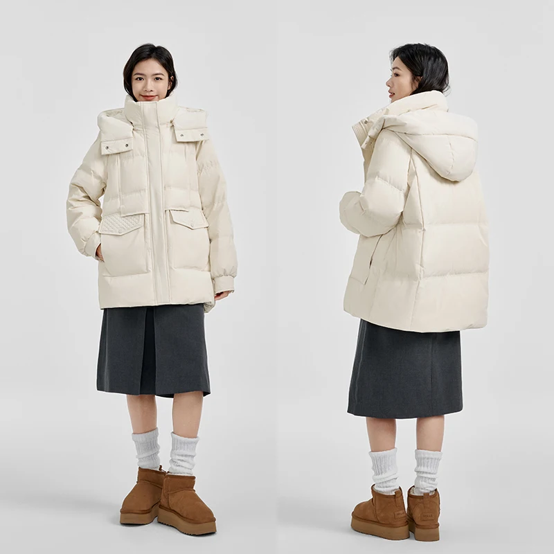 Chericom Women's Down Jacket Stand-up Collar Removable Hood Placket Two-Way Zipper Insert Pockets Warm Winter Outerwear Y308109Y