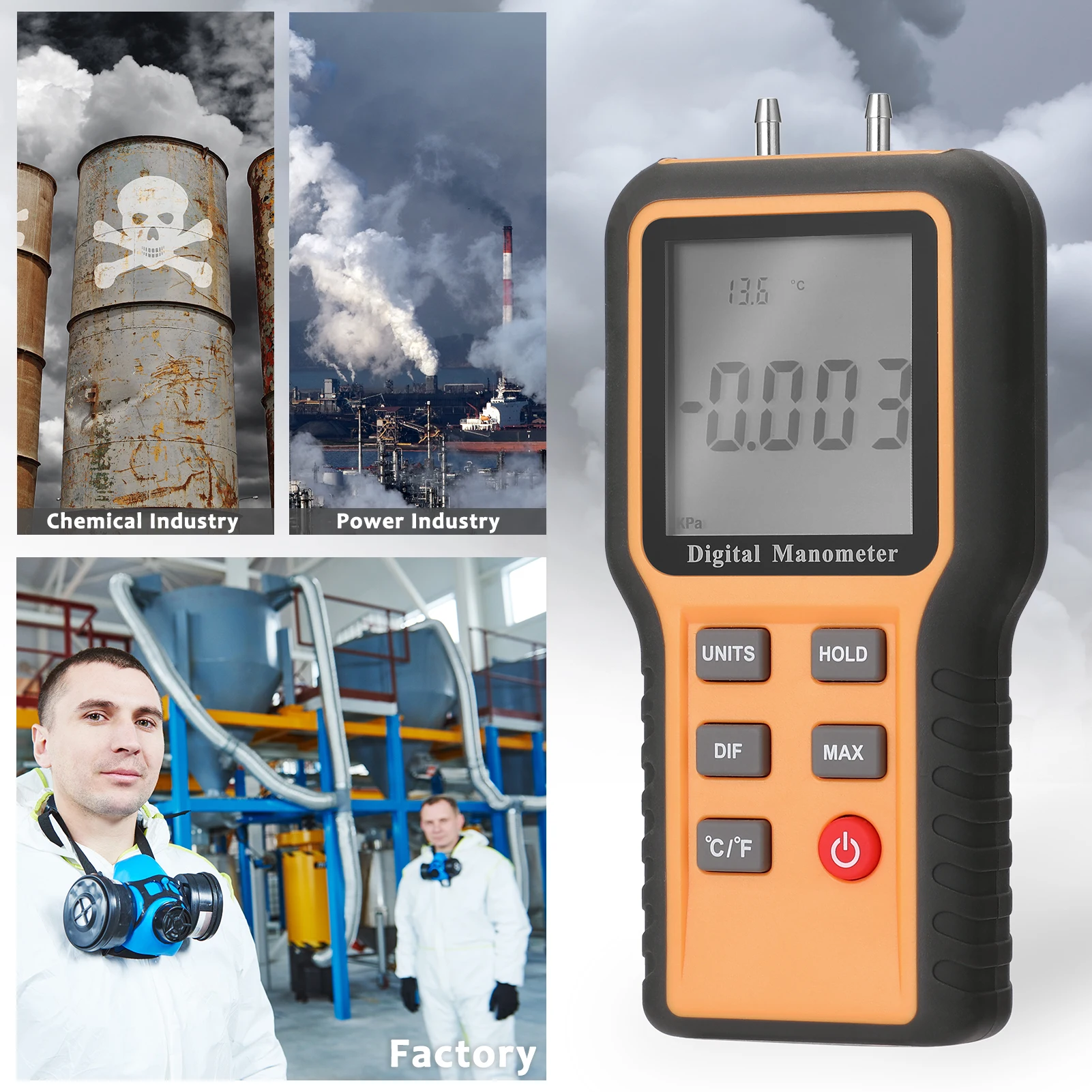 Digital Manometer LCD Display ℃ ℉ Switchable 12 Pressure Units Adjustable Indoor Temperature Pipes Measurement Tool