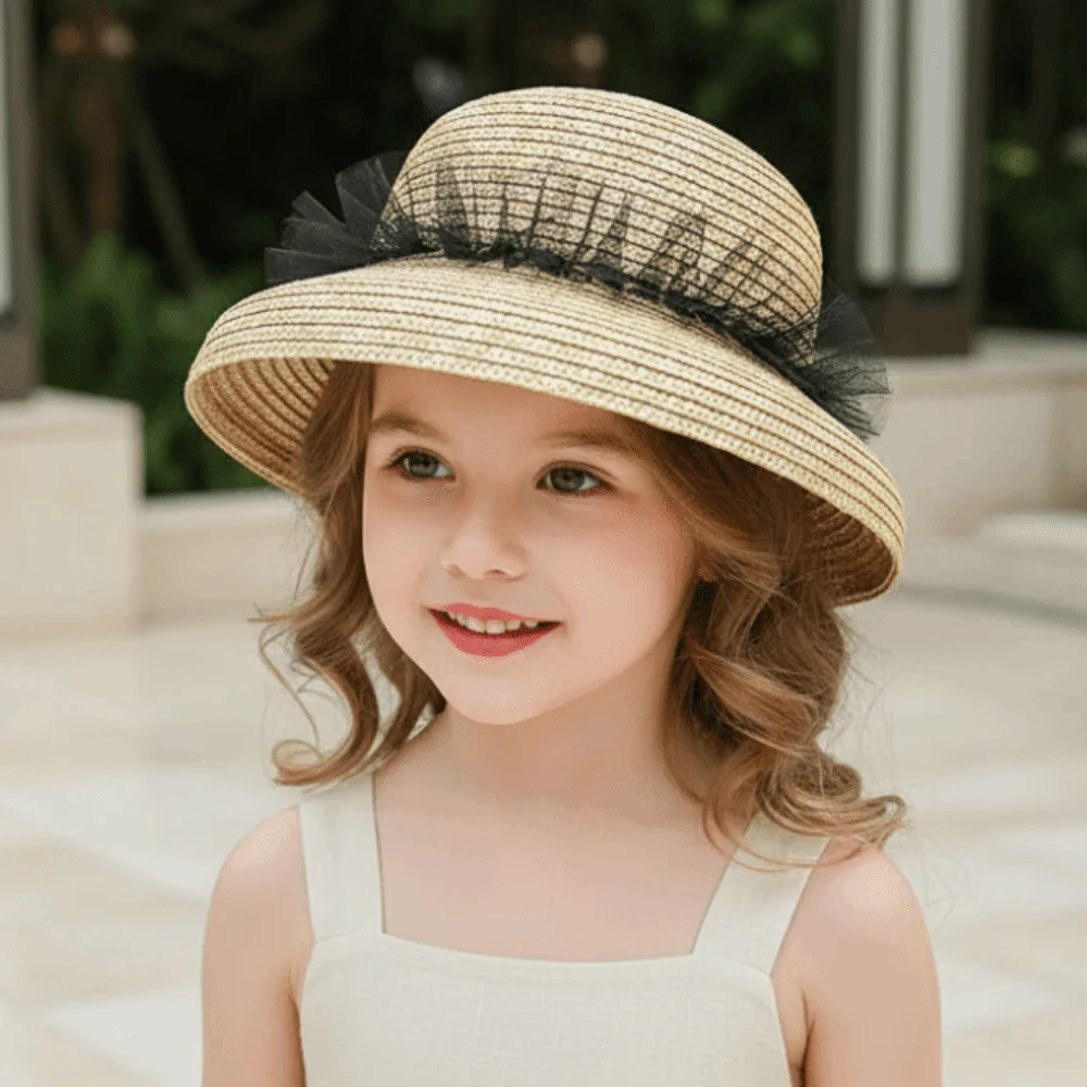 

Large Brim Children Straw Hat Rounded with Lace Toddler Beach Hat with Windproof Rope Breathable Sunshade Straw Cap Summer
