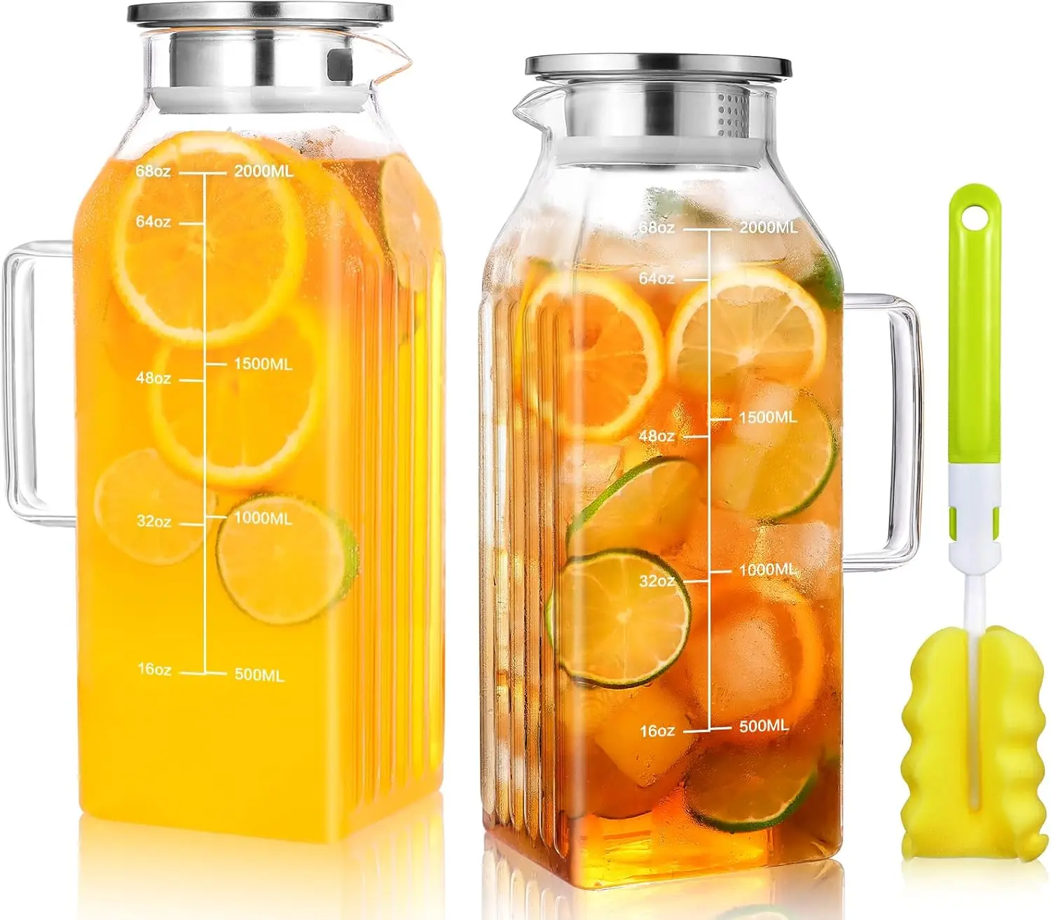 

2-Pack Square Glass Pitcher with Lid, Handle for Fridge Door, Heat Resistant and Dishwasher Safe for Hot/Cold Beverages