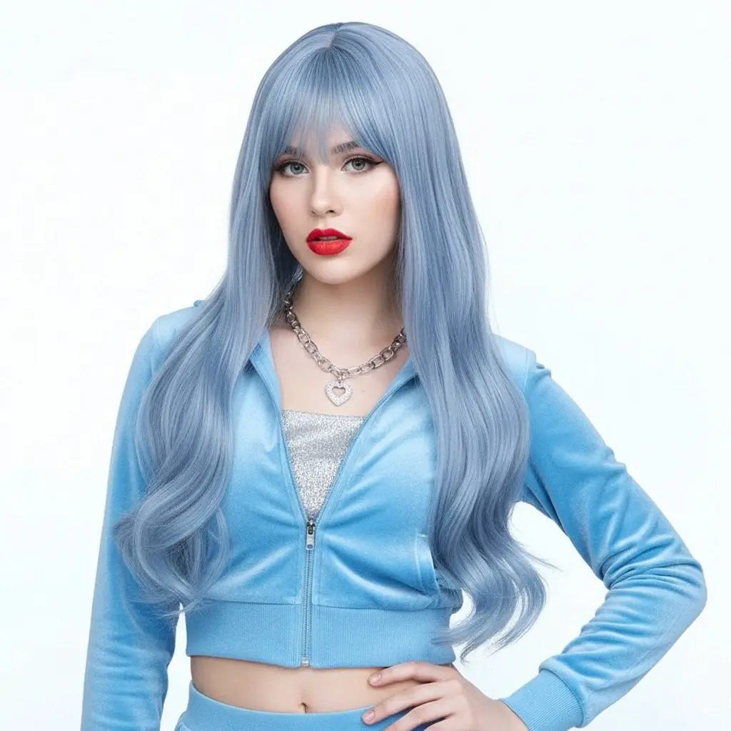 VICWIG peruki syntetyczne fala mieszane Haze niebieska długa peruka dla kobiet ciepła włókna włosów Cosplay peruka z grzywką — zdjęcie 6