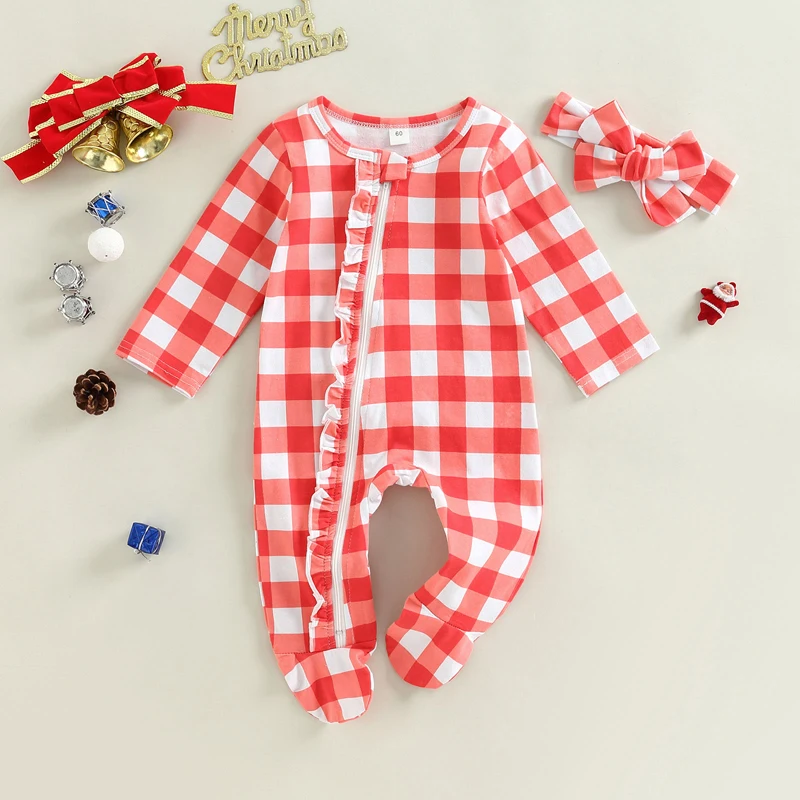 Lioraitiin 0-6M Infant Baby Girls Boys Christmas Footed Romper Crutch/Plaid/Xmas Tree Print Long Sleeve Ruffled Zipper Jumpsuit