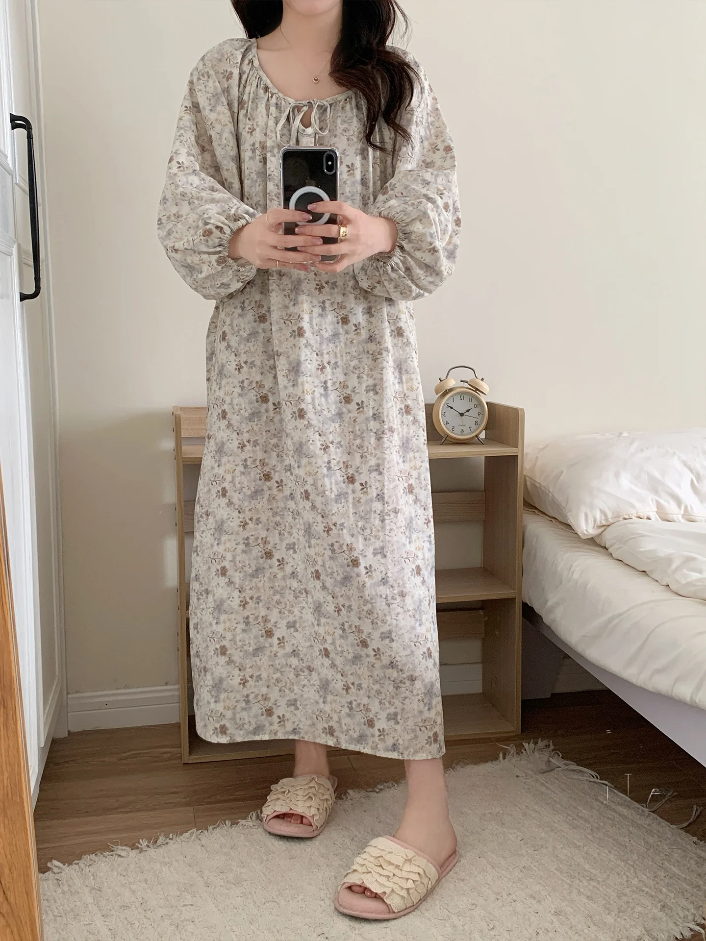 

Двухслойная пижама из чистого хлопка с длинными рукавами и цветочным принтом для девочек: дышащая, мягкая, для дома