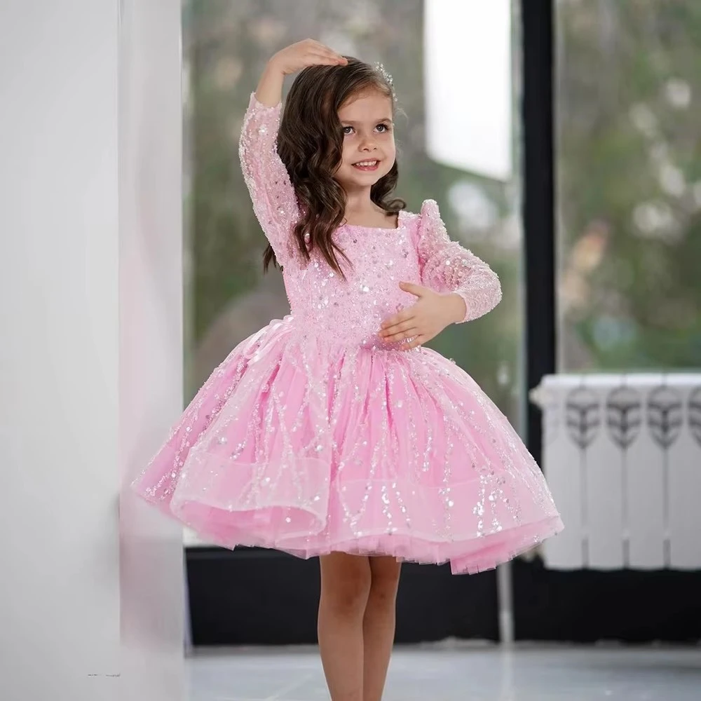 Sleeves Glitter Lush Girl Party Dresses Elegant Fluffy Girl Princess Dress Shiny Pearls luxurious Birthday Wedding Dress Girl