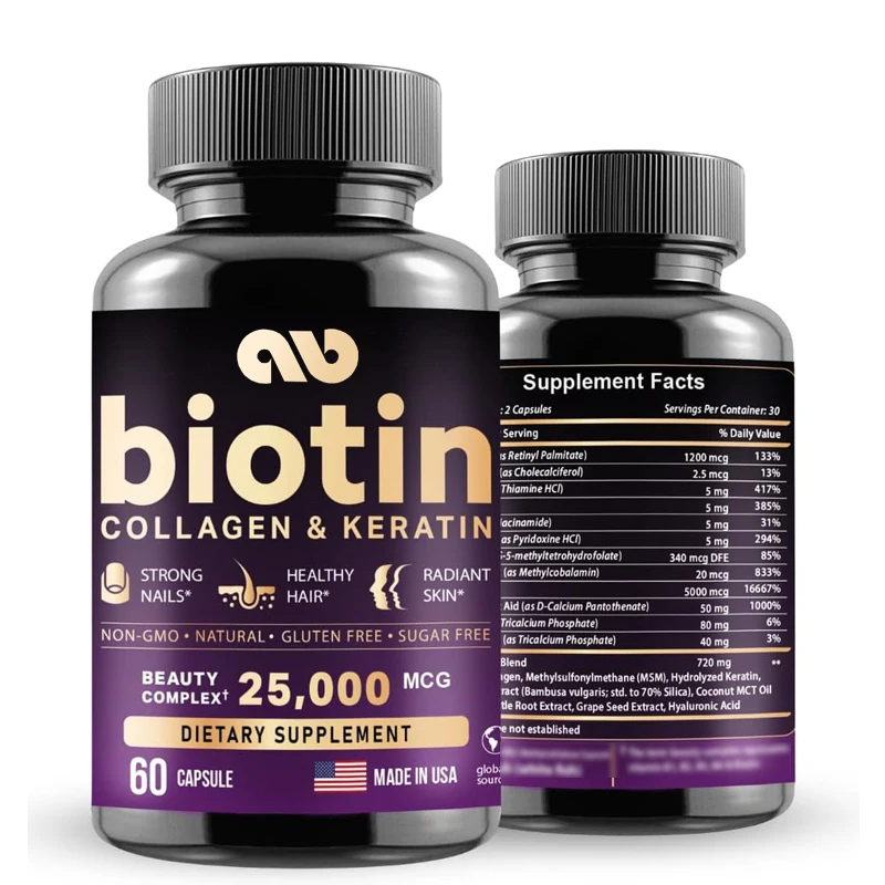 

Biotin contains hyaluronic acid, collagen, and keratin -25000 mcg male and female hair growth vitamins - nails and skin