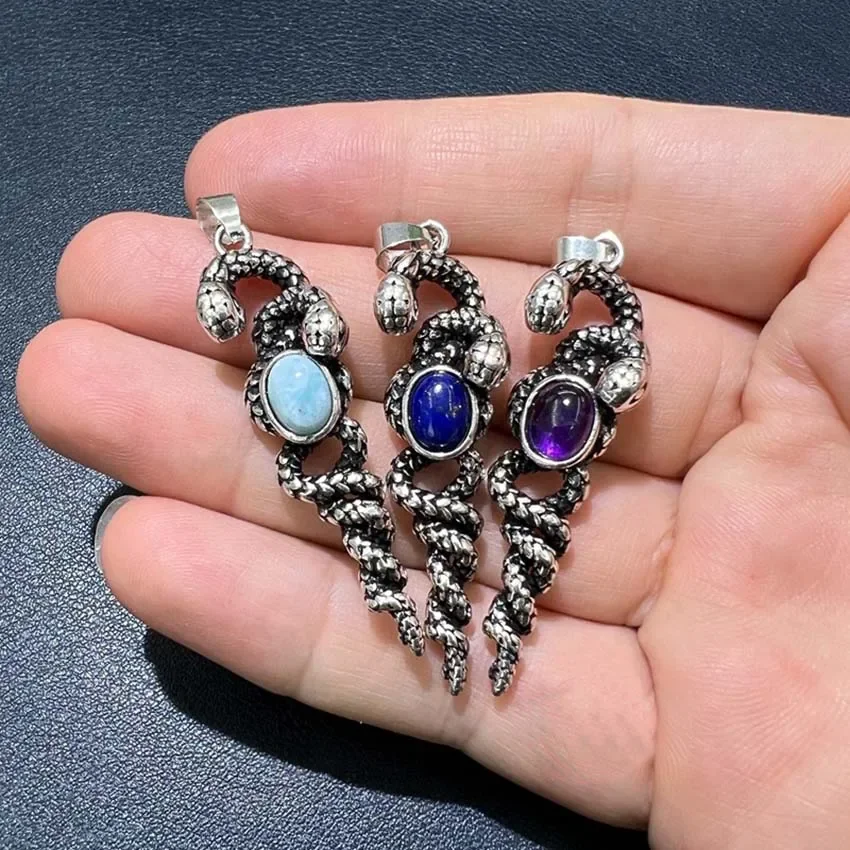 

Titanium Steel Snake Sceptre Pendant Necklace For Women Men Natural Crystal Cabachon Beads Stone Pendant Chain Necklaces Jewelry
