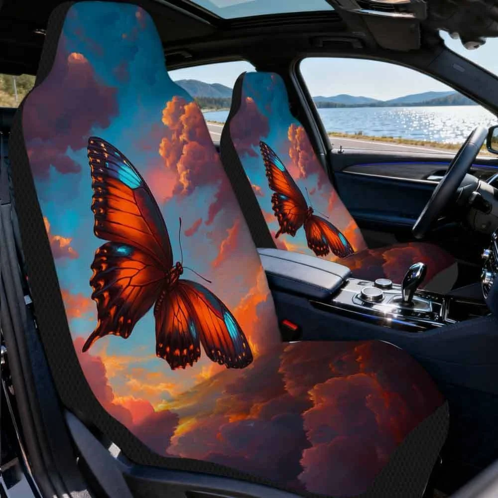 2pcs Universal Car Seat Covers Set, Butterfly In Fiery Sky Print, Trendy Vehicle Seat Covers. Fits Weekend Picnic Trips & Daily