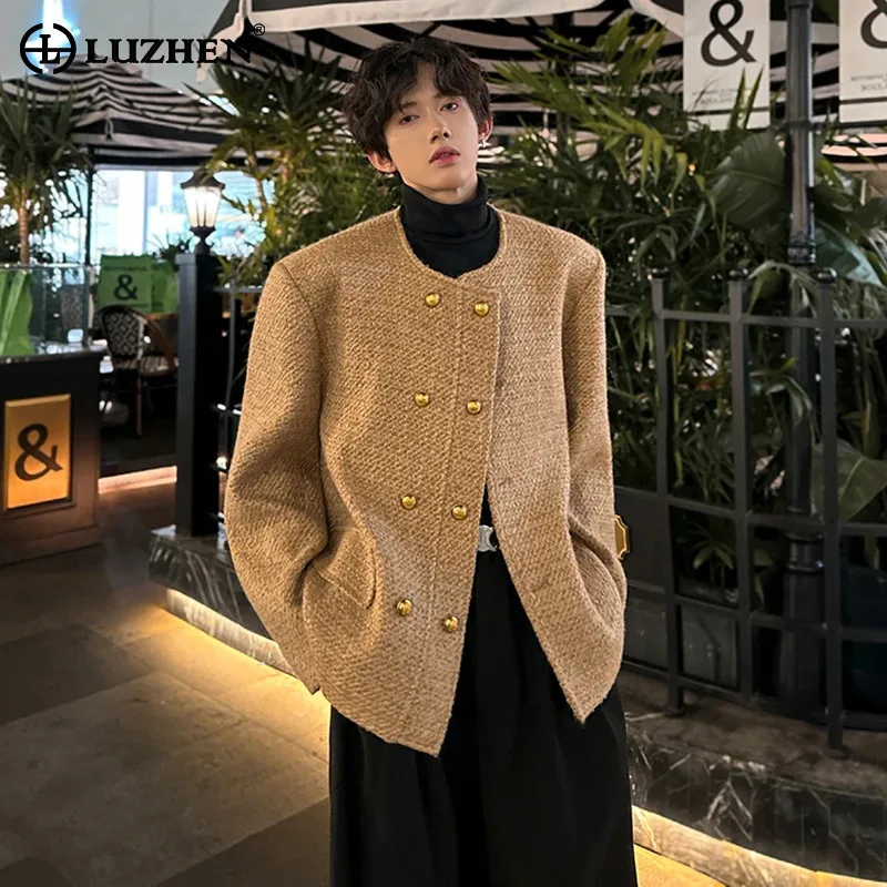

LUZHEN 2025 New High Quality Double Breasted Round Neck Wool Casual Jacket Men's Round Neck Solid Color Shoulder Pad Coat JY4904