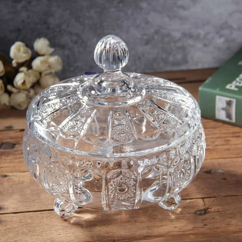 

European Style Crystal Large Tripod Transparent Glass Candy Jar Creative Sugar Bowl Storage Jar with Lid Dustproof Fruit Plate f