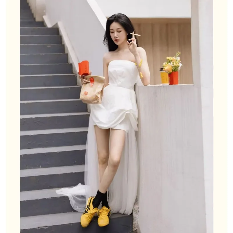 ชุดราตรีสีขาวแบบฝรั่งเศส, ชุดแต่งงานแบบเบา, ถ่ายภาพงานเลี้ยง, ถ่ายภาพตอนเช้า, ผ้าคลุมหน้าแบบกลางแจ้ง, ชุดราตรี