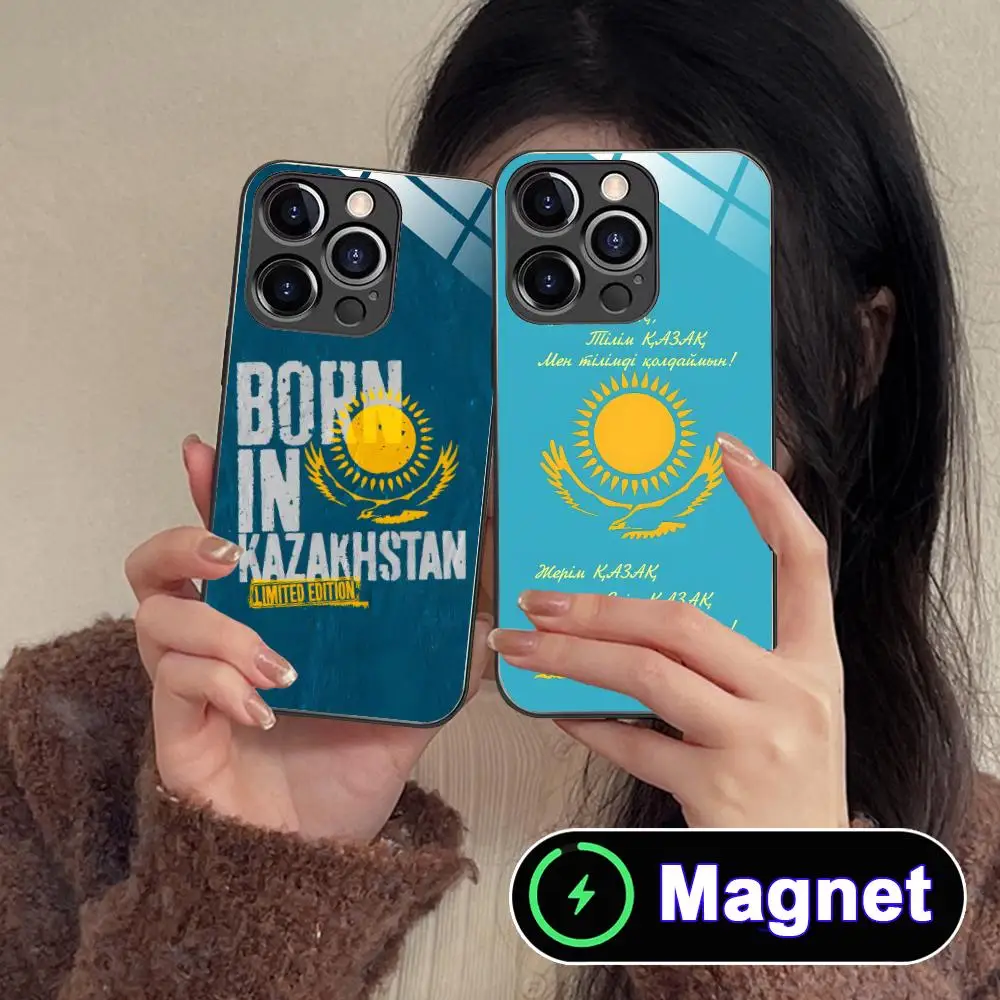 

Чехол для телефона MagSafe с флагом Казахстана для iPhone 17 16 15 14 13 12 11 Air Pro Max Plus Mini, цветной, стеклянный