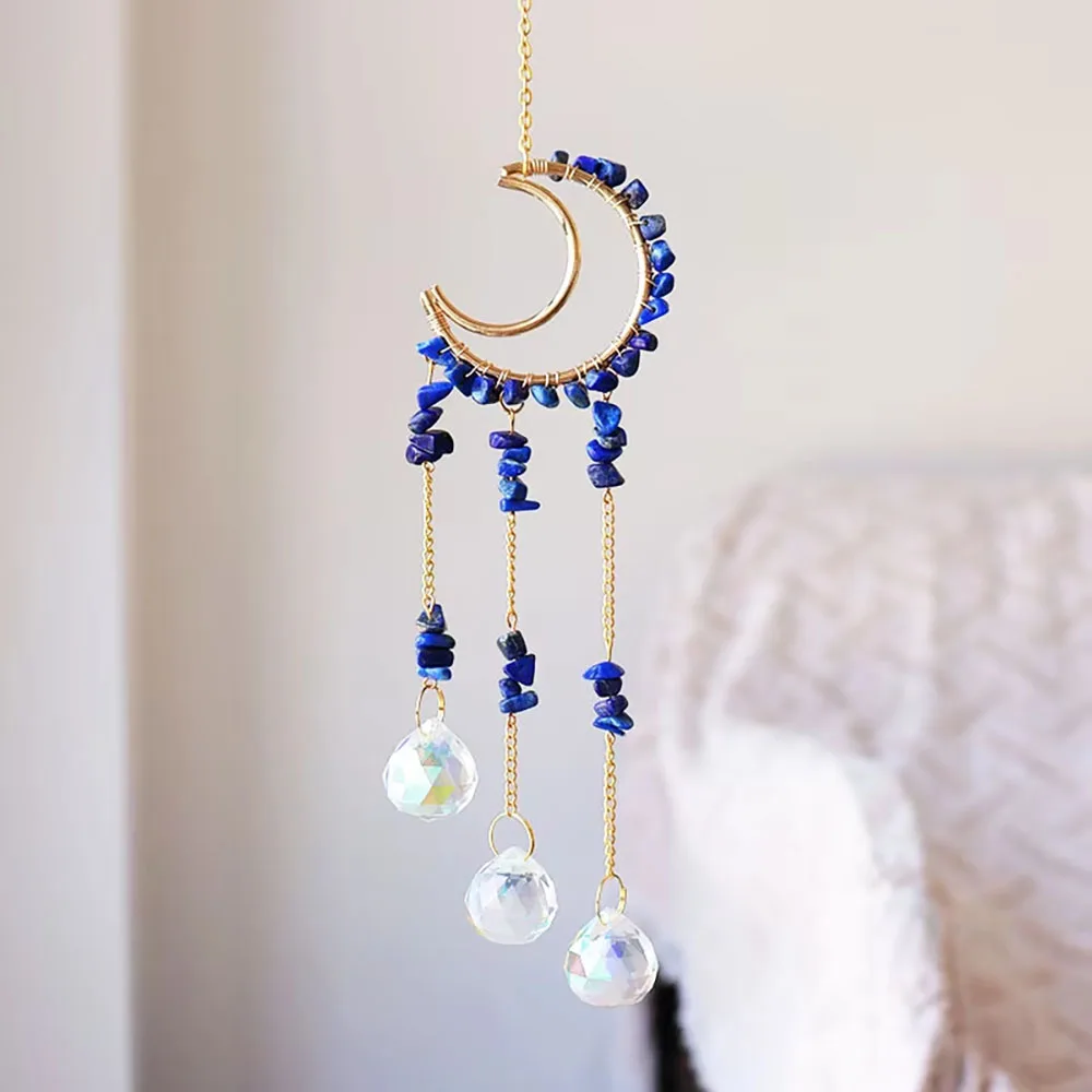 Custom Lapis Lazuli Chip Stone Moon Sun Catcher - Glass Ball Pendants Hanging Ornament for Window Decor