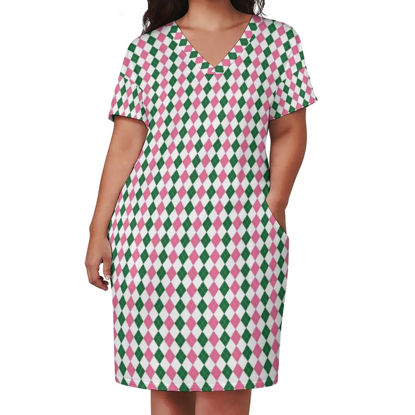 Green Pink and White Argyle Pattern Diamond Checks Loose Pocket Dress evening dresses ladies summer clothes for women