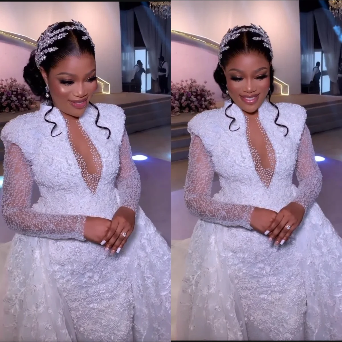 Customized white elegant mermaid wedding dress with V-neck long sleeves detachable tail bead embroidery lace Vestido De Novia