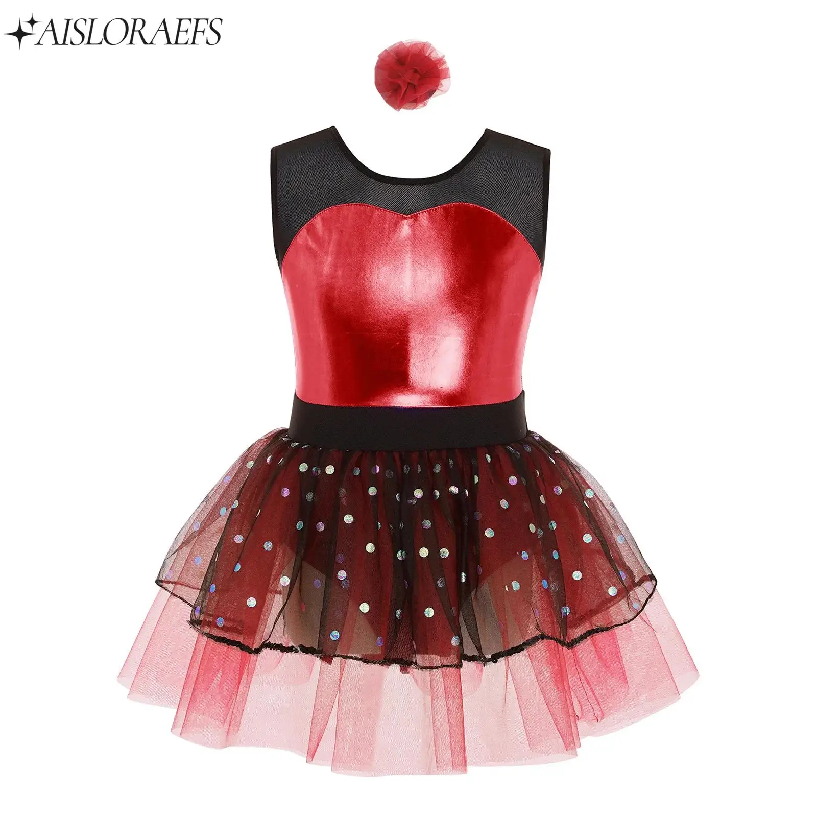

Children Girls Gymnastics Figure Skating Ballet Dance Costume Outfit Sheer Mesh Metallic Bodice Tulle Tutu Dress for Dance Party