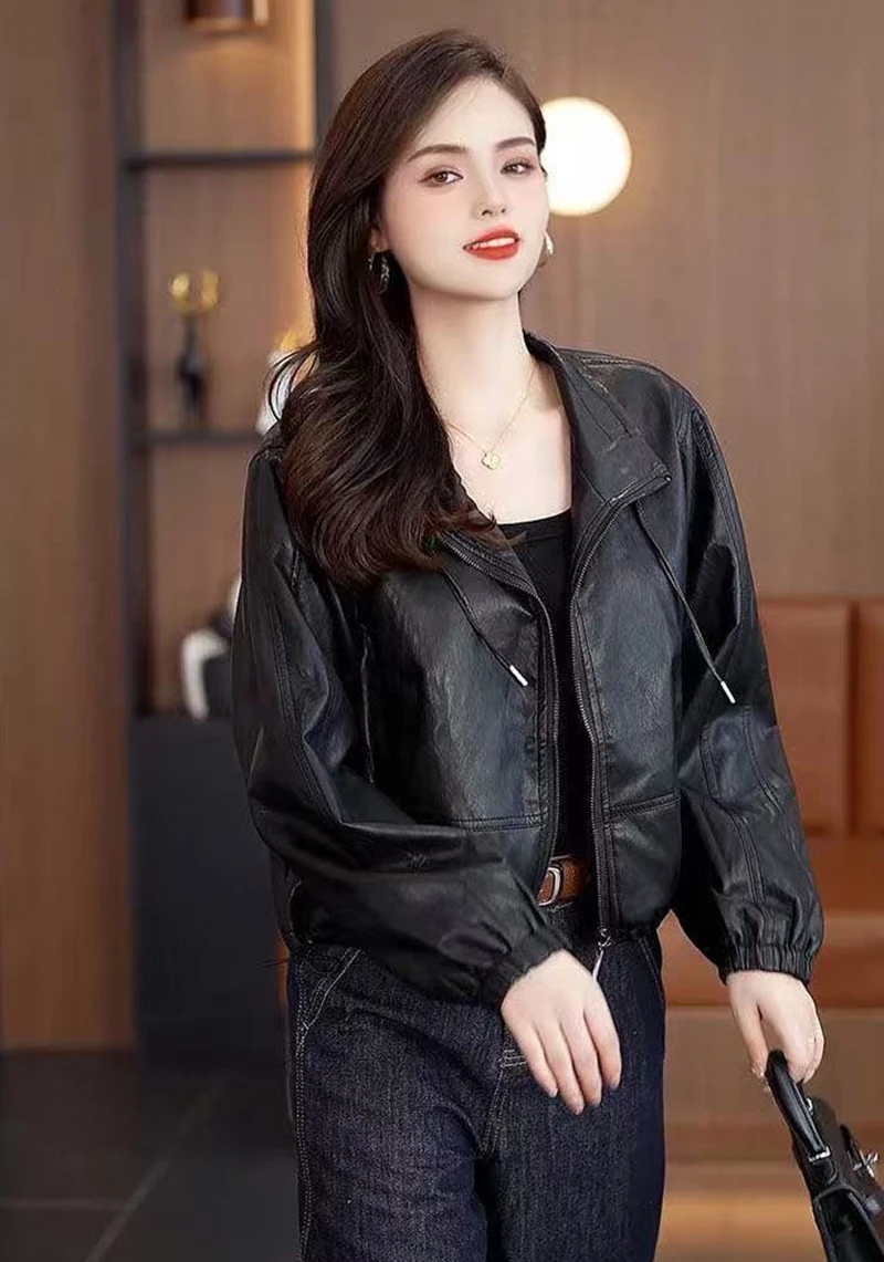 Chic Black Women Faux Leather Jacket Zip Up Lapel Collar Drawstring Hem Loose Oversized Pockets Streetwear Moto Outerwear Top